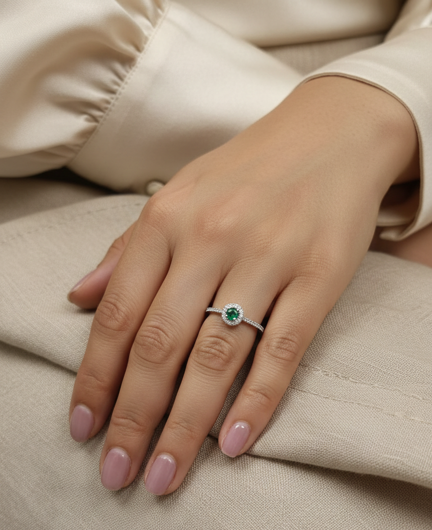 18K white gold emerald and diamond halo ring with 0.20ct round emerald and 0.28ct diamonds – Emirates Diamonds