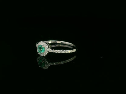 18K white gold emerald and diamond halo ring with 0.20ct round emerald and 0.28ct diamonds – Emirates Diamonds