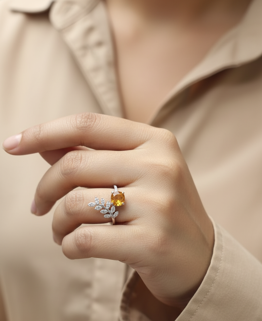 18K white gold citrine and diamond leaf ring – 1.04ct citrine with 0.37ct diamonds by Emirates Diamonds