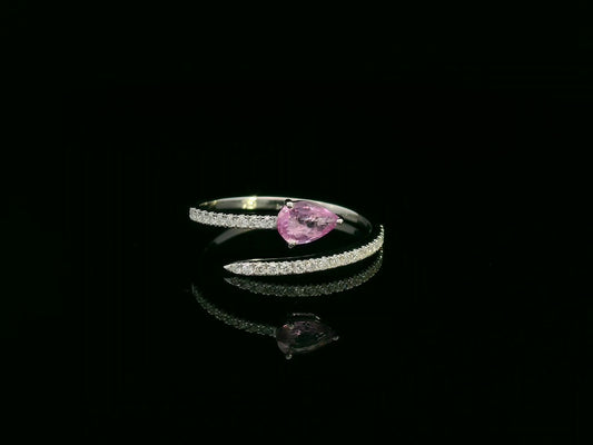  18K white gold open bypass ring with 0.39ct pear pink sapphire and 0.16ct pavé diamonds