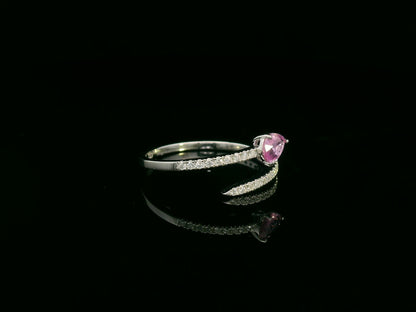  18K white gold open bypass ring with 0.39ct pear pink sapphire and 0.16ct pavé diamonds