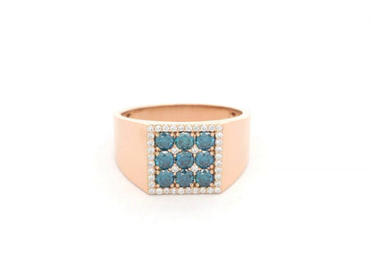 Men’s statement ring in 18K rose gold with nine round-cut blue diamonds (0.82 carat) in a square cluster, surrounded by 0.19 carat white diamonds – Emirates Diamonds