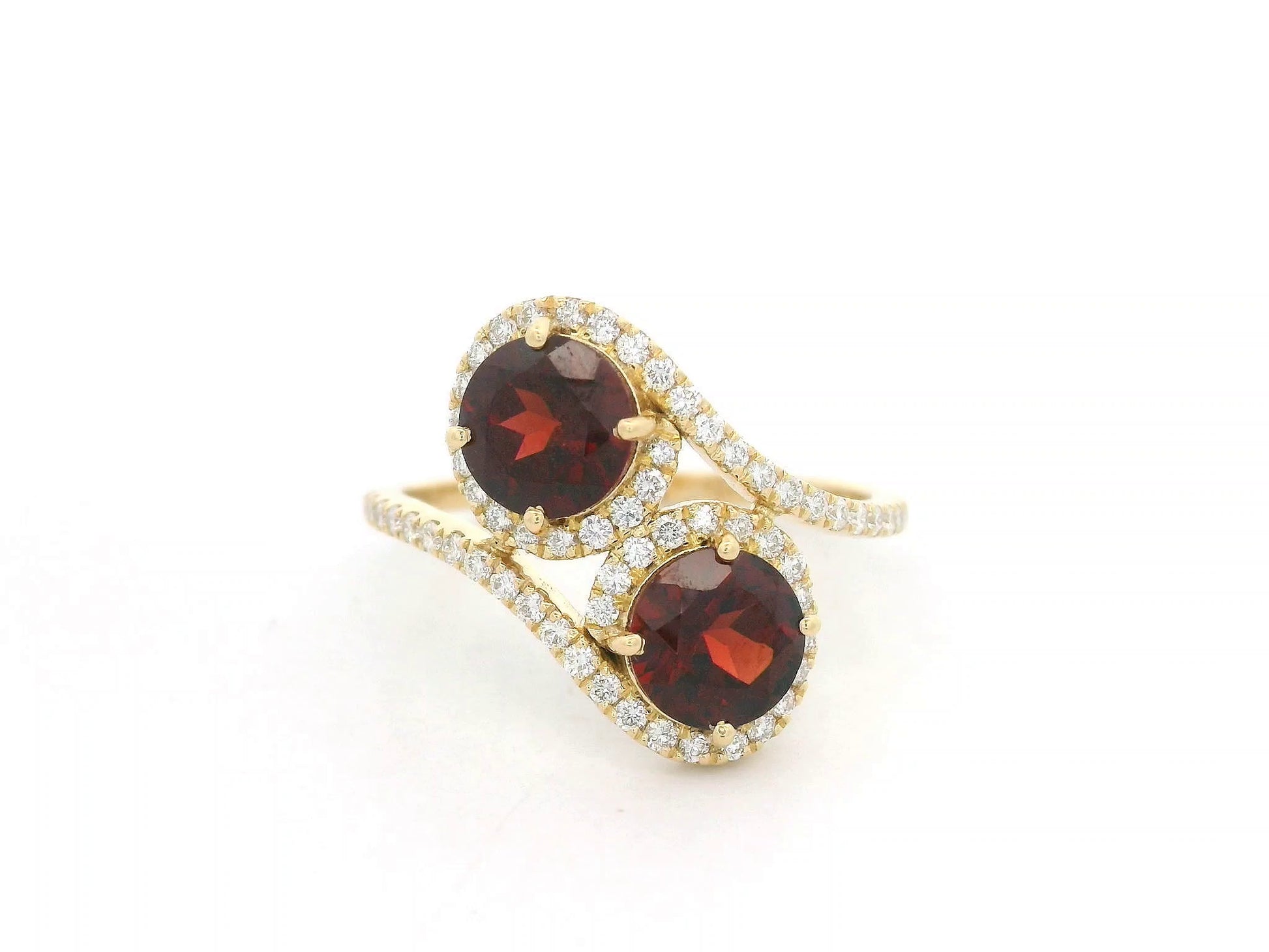 18K yellow gold double halo bypass ring with 2.79 carat red garnets and 0.33 carat diamonds, toi et moi statement design
