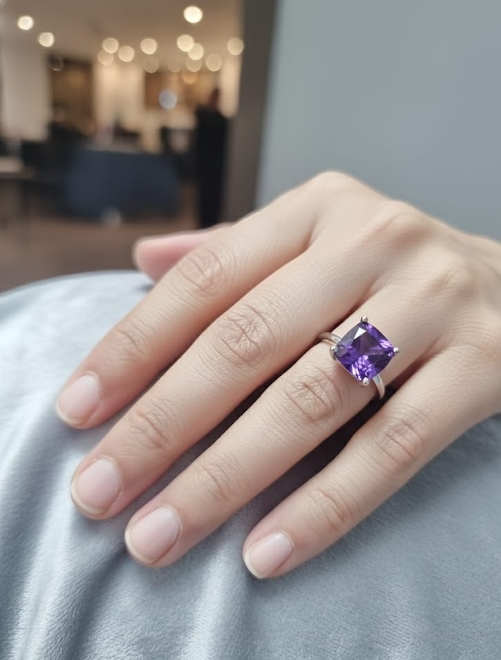 4.23 ct cushion-cut amethyst ring in 18K white gold, prong-set solitaire design, luxury statement ring for women
