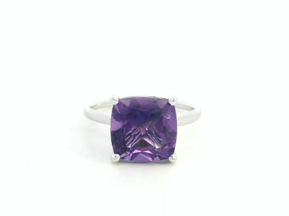 4.23 ct cushion-cut amethyst ring in 18K white gold, prong-set solitaire design, luxury statement ring for women