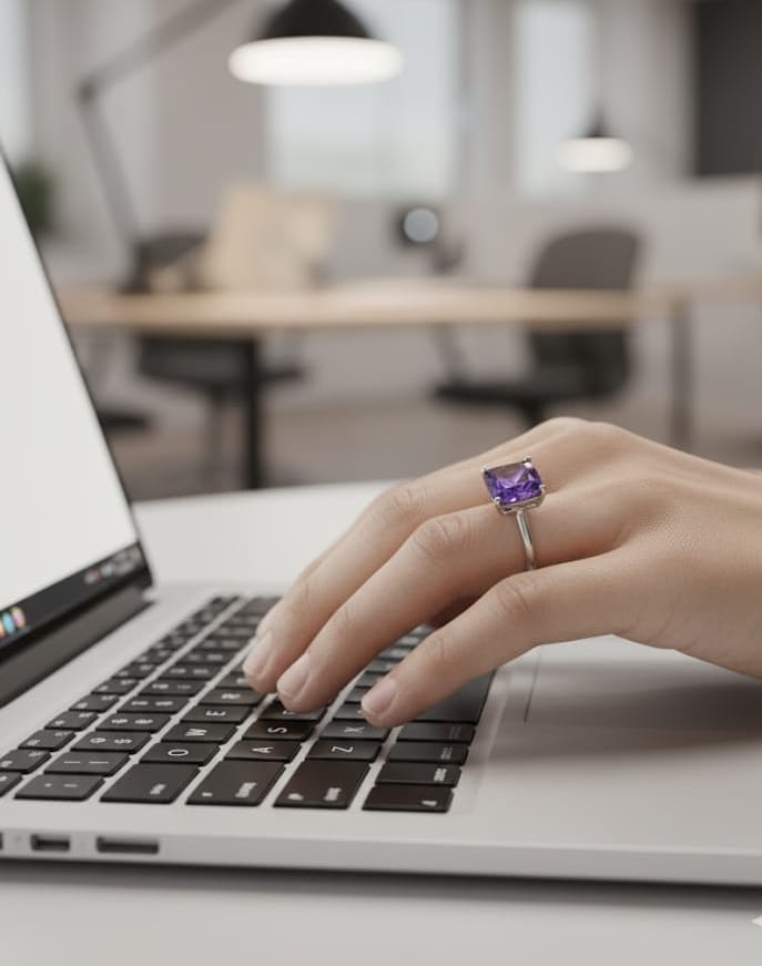 4.23 ct cushion-cut amethyst ring in 18K white gold, prong-set solitaire design, luxury statement ring for women