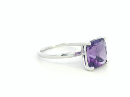 4.23 ct cushion-cut amethyst ring in 18K white gold, prong-set solitaire design, luxury statement ring for women