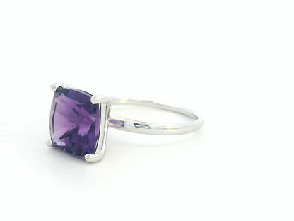 4.23 ct cushion-cut amethyst ring in 18K white gold, prong-set solitaire design, luxury statement ring for women