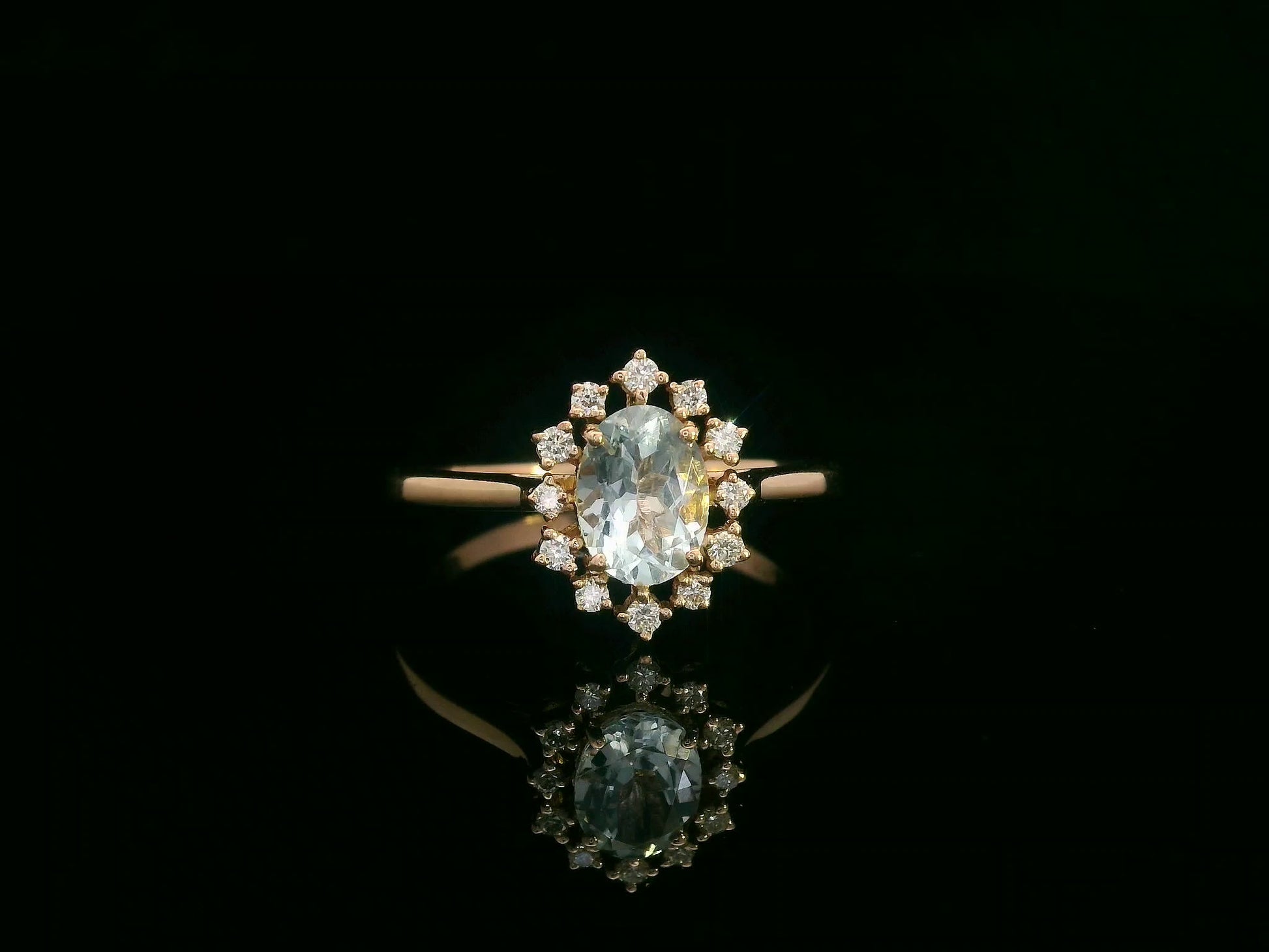 0.71 ct aquamarine and diamond halo ring in 18K rose gold with floral vintage-inspired design – Emirates Diamonds