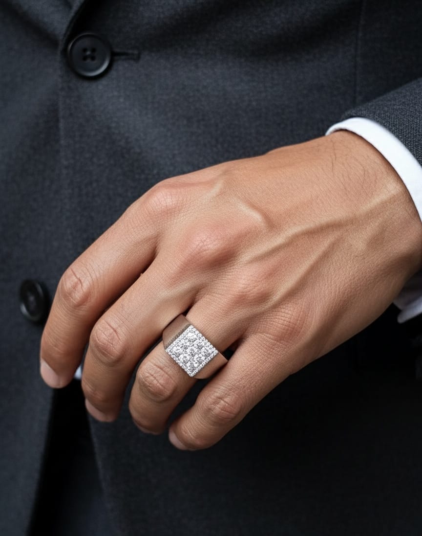 Men’s 18K white gold square diamond cluster signet ring with nine round diamonds and pavé border