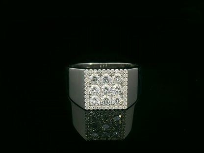 Men’s 18K white gold square diamond cluster signet ring with nine round diamonds and pavé border