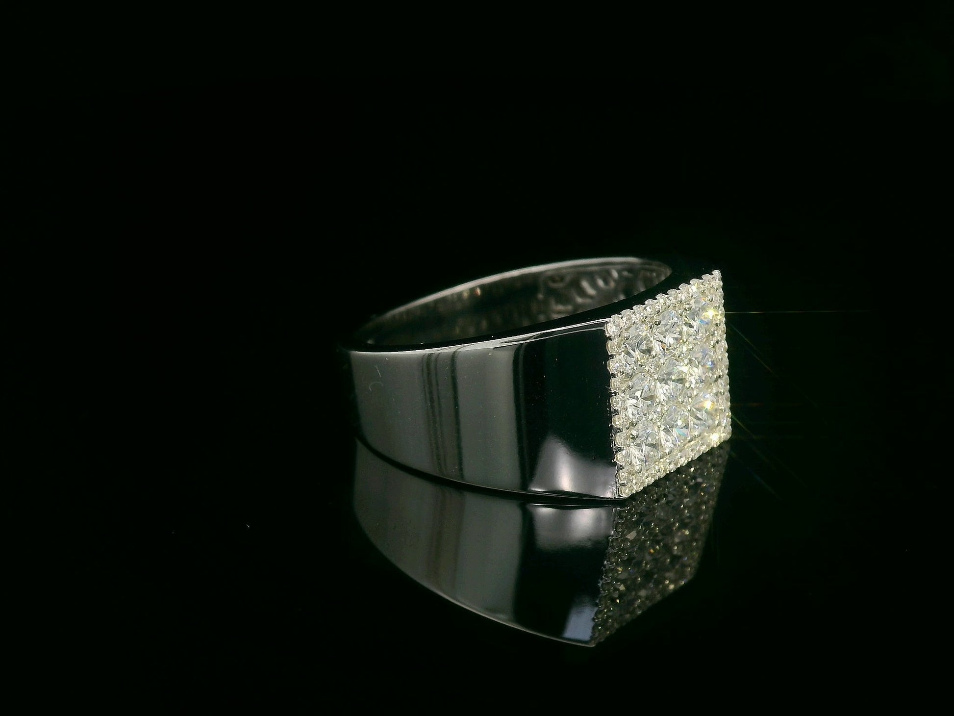 Men’s 18K white gold square diamond cluster signet ring with nine round diamonds and pavé border