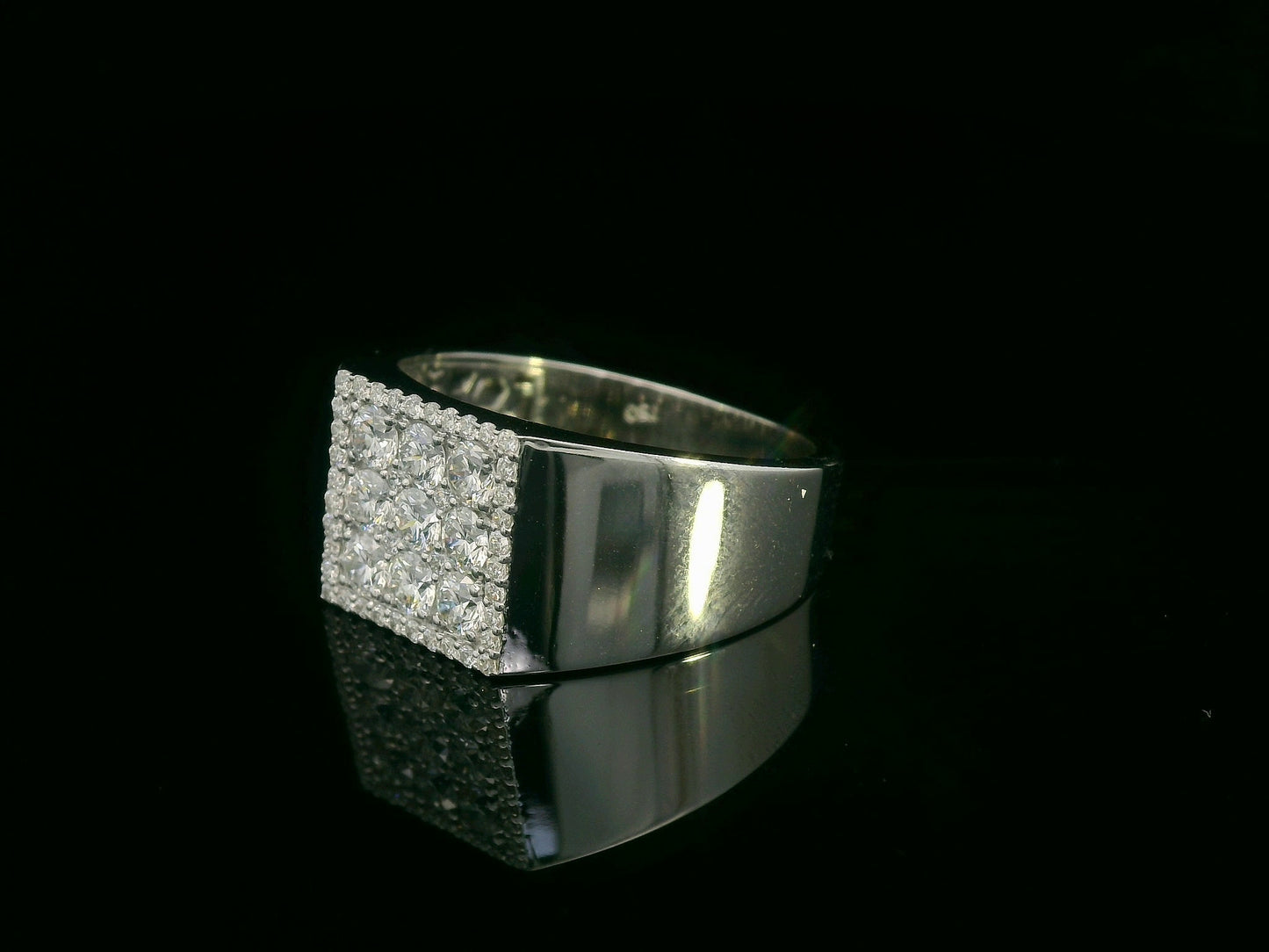 Men’s 18K white gold square diamond cluster signet ring with nine round diamonds and pavé border