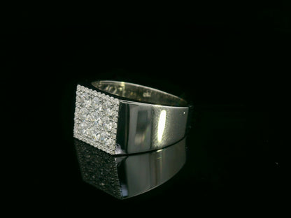 Men’s 18K white gold square diamond cluster signet ring with nine round diamonds and pavé border
