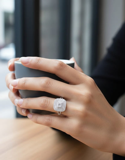 Cushion-cut diamond cluster cocktail ring in 18K white gold by Emirates Diamonds