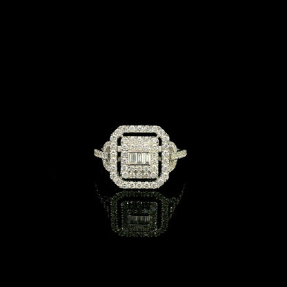18K white gold statement ring featuring 0.09 carat natural baguette diamonds surrounded by 0.72 carat natural round brilliant diamonds in a geometric double halo design.