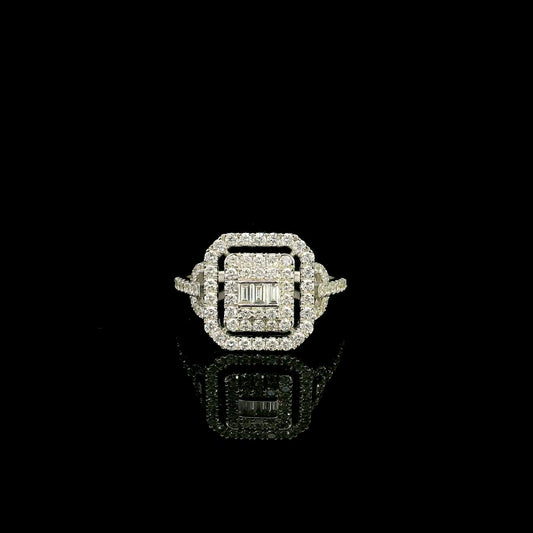 18K white gold statement ring featuring 0.09 carat natural baguette diamonds surrounded by 0.72 carat natural round brilliant diamonds in a geometric double halo design.