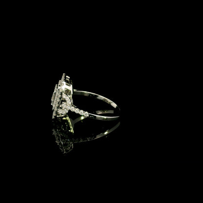 18K white gold statement ring featuring 0.09 carat natural baguette diamonds surrounded by 0.72 carat natural round brilliant diamonds in a geometric double halo design.