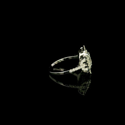 18K white gold statement ring featuring 0.09 carat natural baguette diamonds surrounded by 0.72 carat natural round brilliant diamonds in a geometric double halo design.