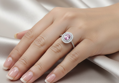 18K white gold pink sapphire double halo diamond ring with pavé band – Emirates Diamonds