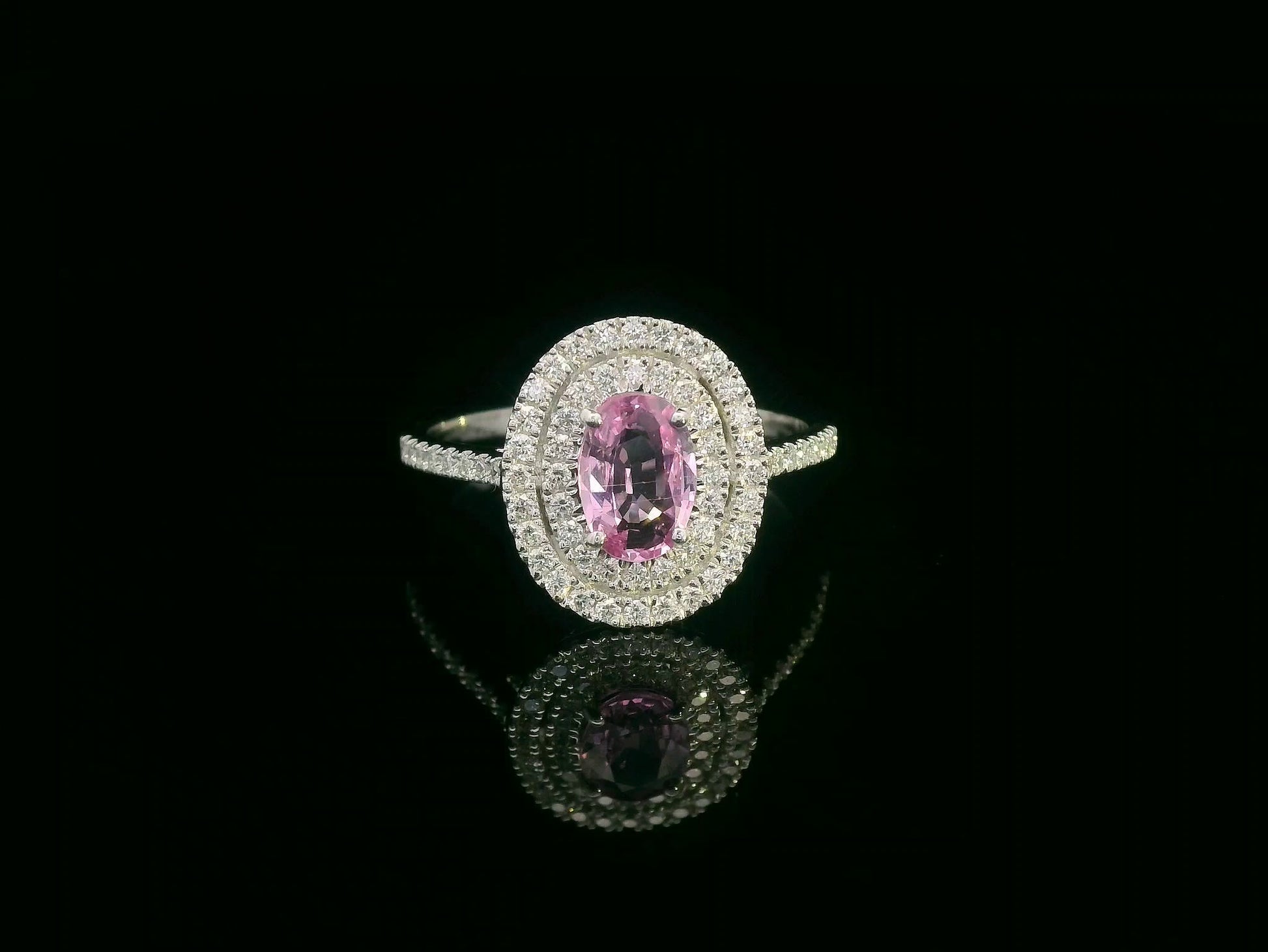18K white gold pink sapphire double halo diamond ring with pavé band – Emirates Diamonds