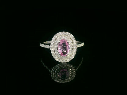 18K white gold pink sapphire double halo diamond ring with pavé band – Emirates Diamonds