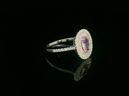 18K white gold pink sapphire double halo diamond ring with pavé band – Emirates Diamonds
