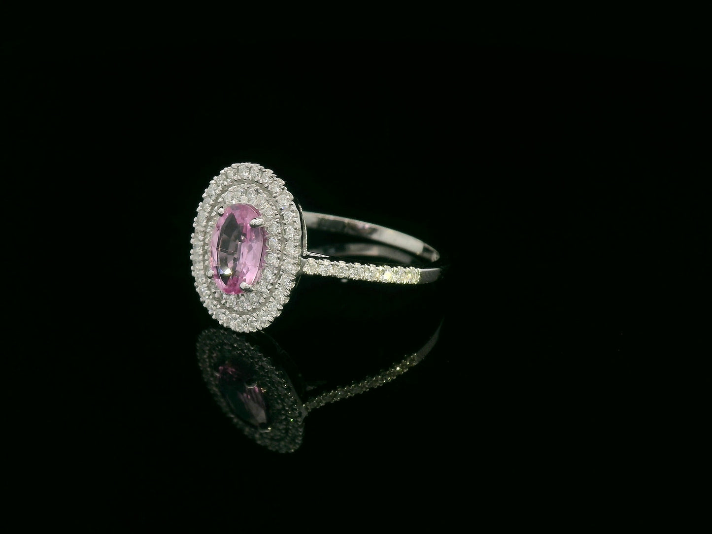 18K white gold pink sapphire double halo diamond ring with pavé band – Emirates Diamonds