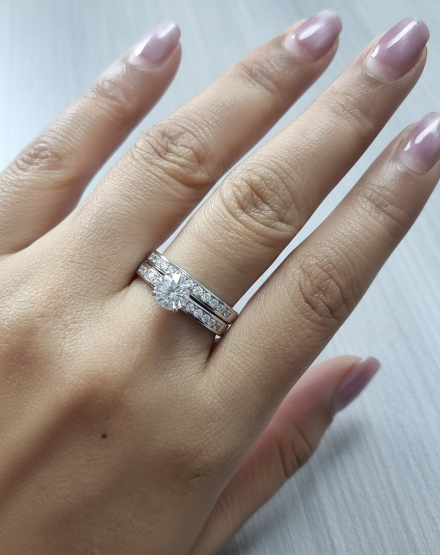 18K white gold bridal set featuring 1.01 carat D color GIA diamond with channel-set diamond bands