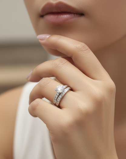 18K white gold bridal set featuring 1.01 carat D color GIA diamond with channel-set diamond bands