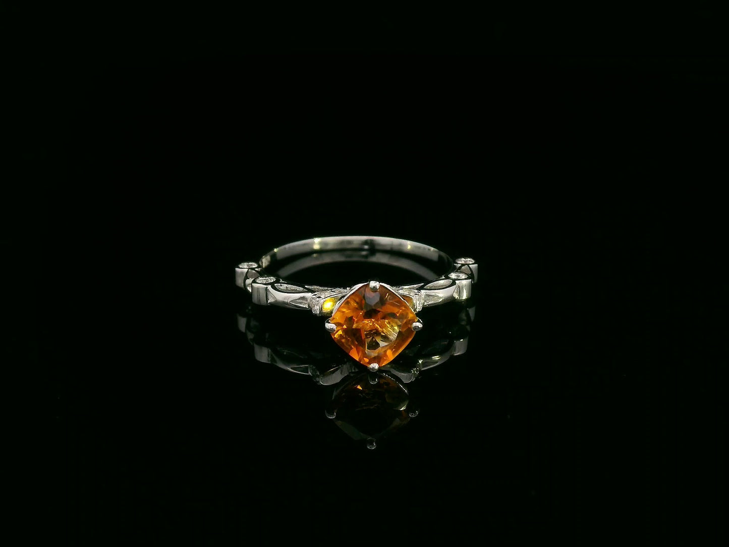 Cushion-cut citrine and diamond ring in 18K white gold, 0.92 carat citrine with diamond halo and openwork shoulders, luxury design by Emirates Diamonds