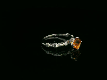 Cushion-cut citrine and diamond ring in 18K white gold, 0.92 carat citrine with diamond halo and openwork shoulders, luxury design by Emirates Diamonds
