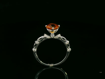 Cushion-cut citrine and diamond ring in 18K white gold, 0.92 carat citrine with diamond halo and openwork shoulders, luxury design by Emirates Diamonds