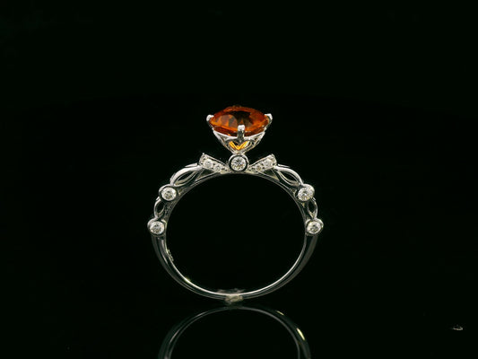 Cushion-cut citrine and diamond ring in 18K white gold, 0.92 carat citrine with diamond halo and openwork shoulders, luxury design by Emirates Diamonds