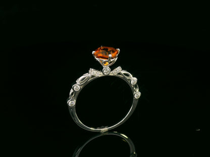 Cushion-cut citrine and diamond ring in 18K white gold, 0.92 carat citrine with diamond halo and openwork shoulders, luxury design by Emirates Diamonds