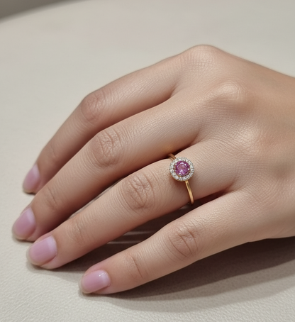 18K yellow gold pink sapphire and diamond halo ring – fine jewelry by Emirates Diamonds