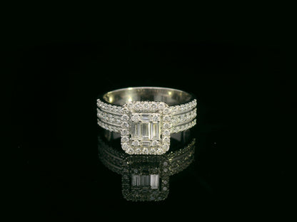 18K white gold bridal ring set with baguette and round diamond cluster – 1.28 carat by Emirates Diamonds.