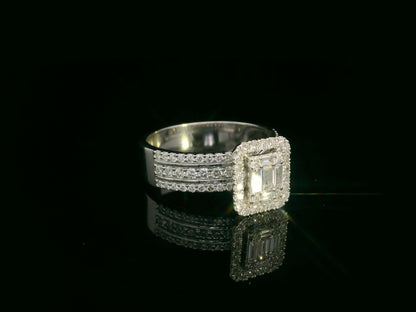 18K white gold bridal ring set with baguette and round diamond cluster – 1.28 carat by Emirates Diamonds.