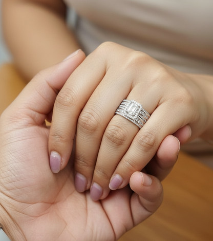 18K white gold bridal ring set with baguette and round diamond cluster – 1.28 carat by Emirates Diamonds.