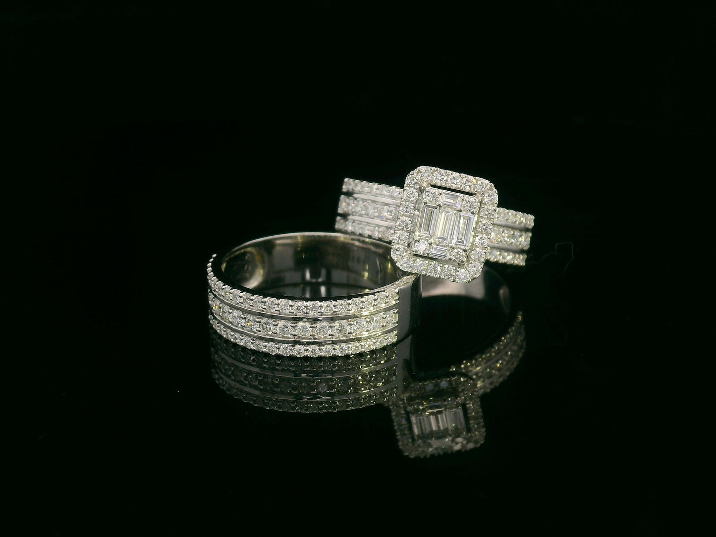 18K white gold bridal ring set with baguette and round diamond cluster – 1.28 carat by Emirates Diamonds.