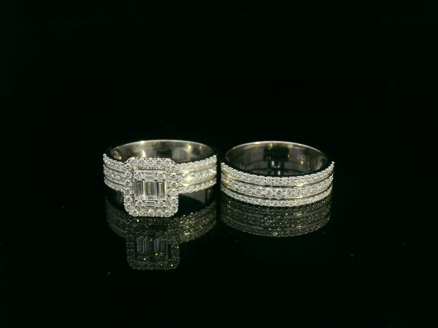 18K white gold bridal ring set with baguette and round diamond cluster – 1.28 carat by Emirates Diamonds.