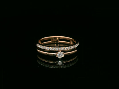 18K rose gold double-band diamond ring with round center diamond and pavé accents – Emirates Diamonds