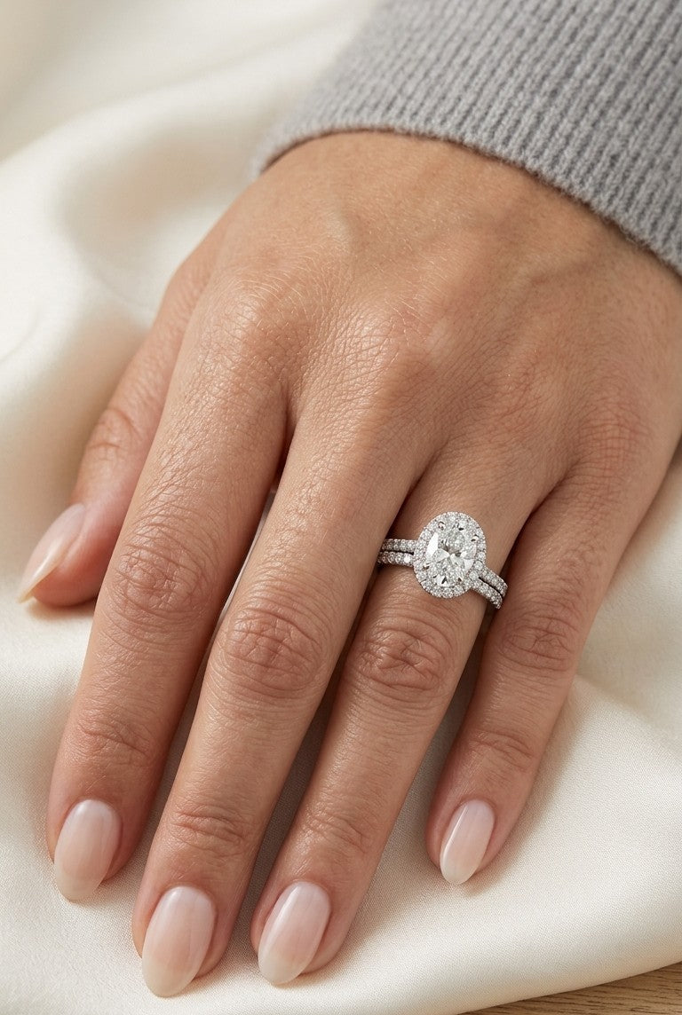Oval Diamond Halo Bridal Set in 18K White Gold | GIA Certified