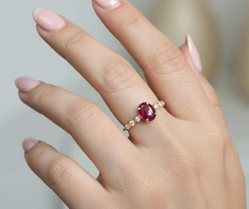 18K yellow gold ring with 1.66ct cabochon ruby and 0.10ct diamond accents – Emirates Diamonds.