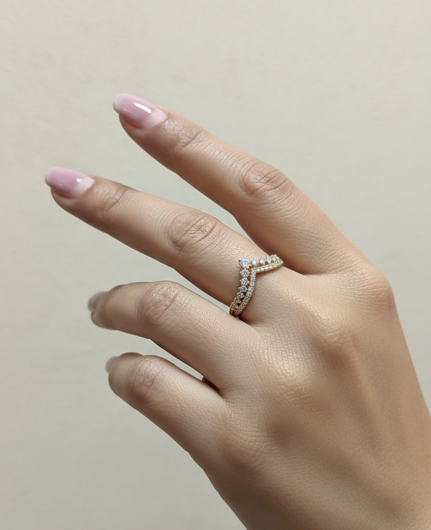 18K yellow gold diamond chevron wishbone ring – V-shape contour band with 0.45ct diamonds by Emirates Diamonds