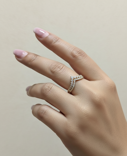 18K yellow gold diamond chevron wishbone ring – V-shape contour band with 0.45ct diamonds by Emirates Diamonds