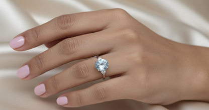 18K white gold oval aquamarine ring with diamond side clusters – 2.45ct aquamarine, 0.08ct diamonds by Emirates Diamonds