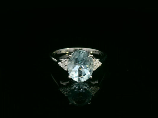 18K white gold oval aquamarine ring with diamond side clusters – 2.45ct aquamarine, 0.08ct diamonds by Emirates Diamonds