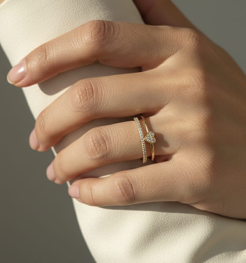 18K yellow gold dual-band diamond heart ring – pavé-set heart with 0.27ct diamonds, modern romantic design by Emirates Diamonds