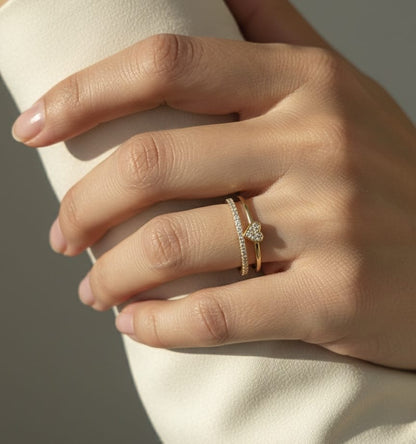 18K yellow gold dual-band diamond heart ring – pavé-set heart with 0.27ct diamonds, modern romantic design by Emirates Diamonds